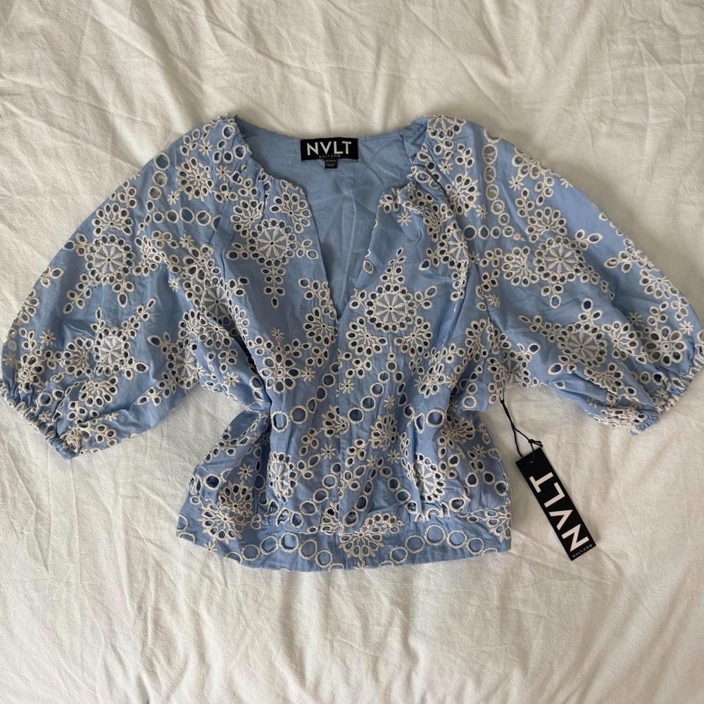 NWT NVLT Blue with white eyelet detail blouse